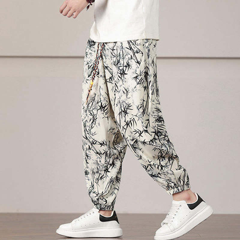 Bamboo Leaf Pattern Drawstring Men's Harem Pants With Pockets
