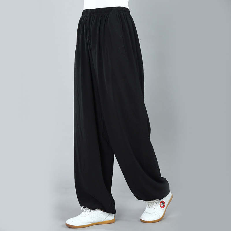 Summer Unisex Elastic Waist Tai Chi Kung Fu Qigong Practice Cotton Breathable Pants With Pockets