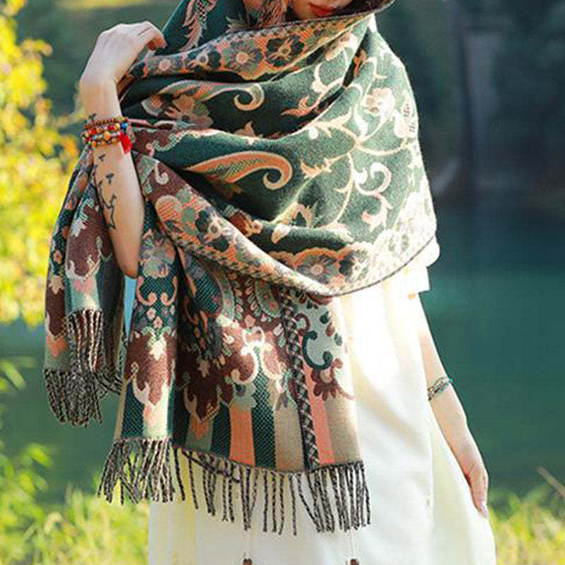 Tibetan Flowers Leaves Branch Design Tassel Shawl Cozy Travel Scarf Wrap
