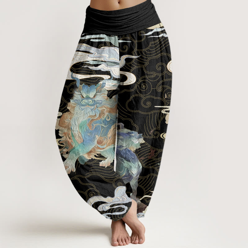 PiXiu Auspicious Clouds Pattern Women's Elastic Waist Harem Pants