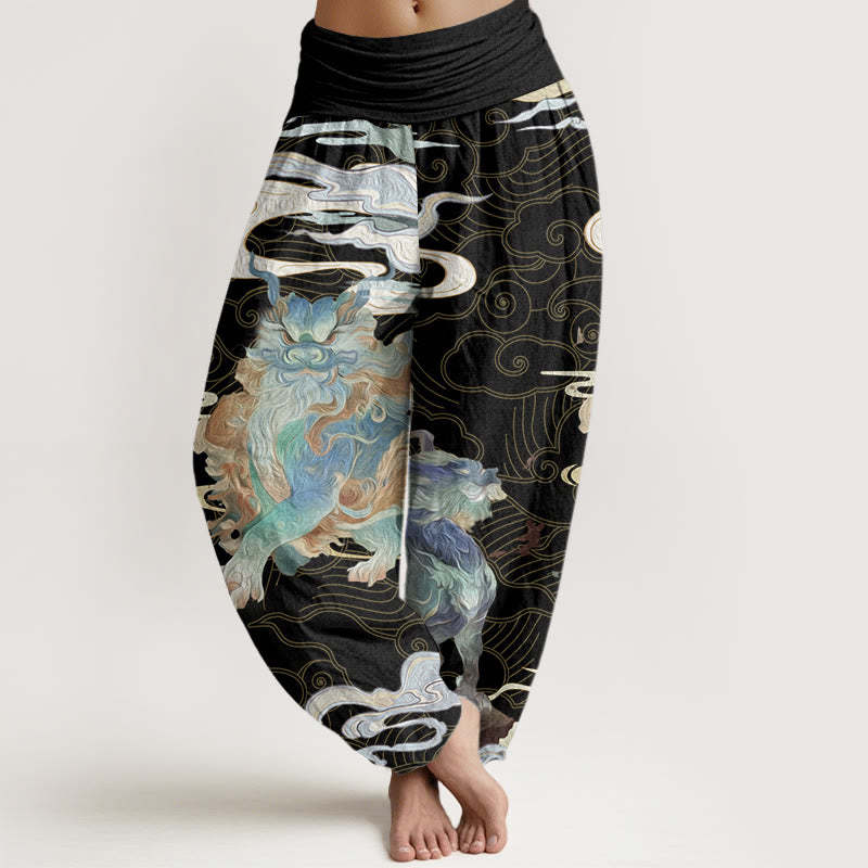 PiXiu Auspicious Clouds Pattern Women's Elastic Waist Harem Pants