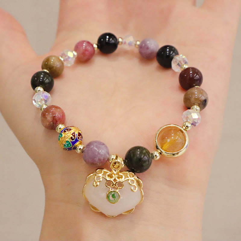 Strawberry Quartz Green Crystal Amethyst Healing Chinese Lock Charm Bracelet