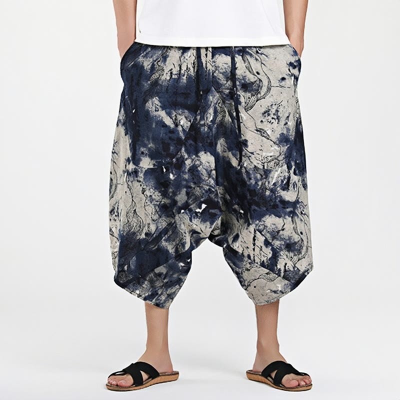 Ethnic Pattern Drawstring 7-8 Length Cotton Men's Harem Pants With Pockets
