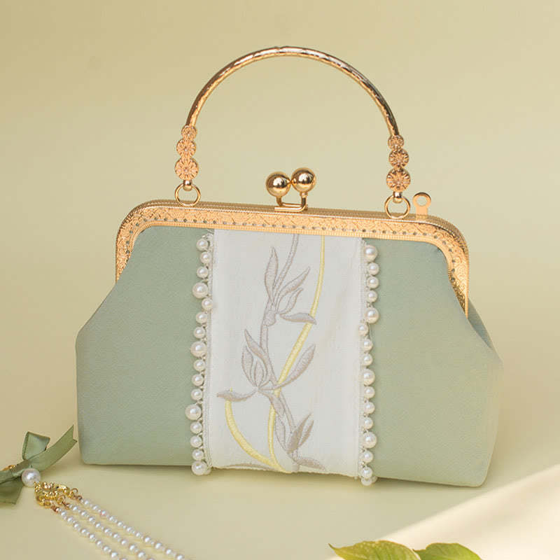 Double-sided Flowers Embroidery Pearl Pendant Metal Chain Crossbody Bag Handbags