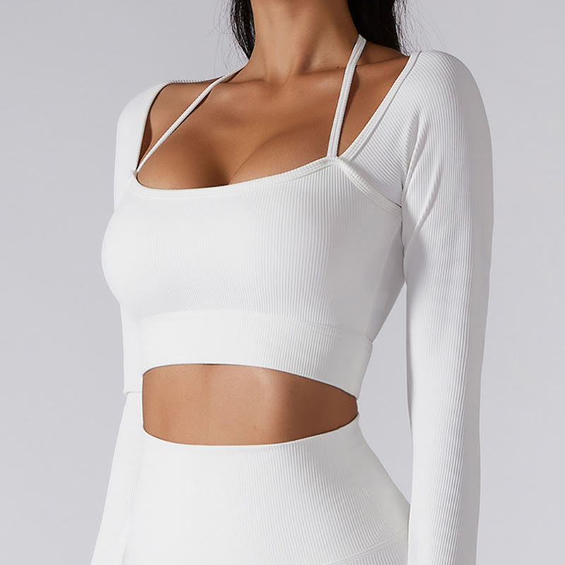 Ribbed Long Sleeve Crop Top T-shirt Shorts Sports Fitness Gym Yoga Outfits