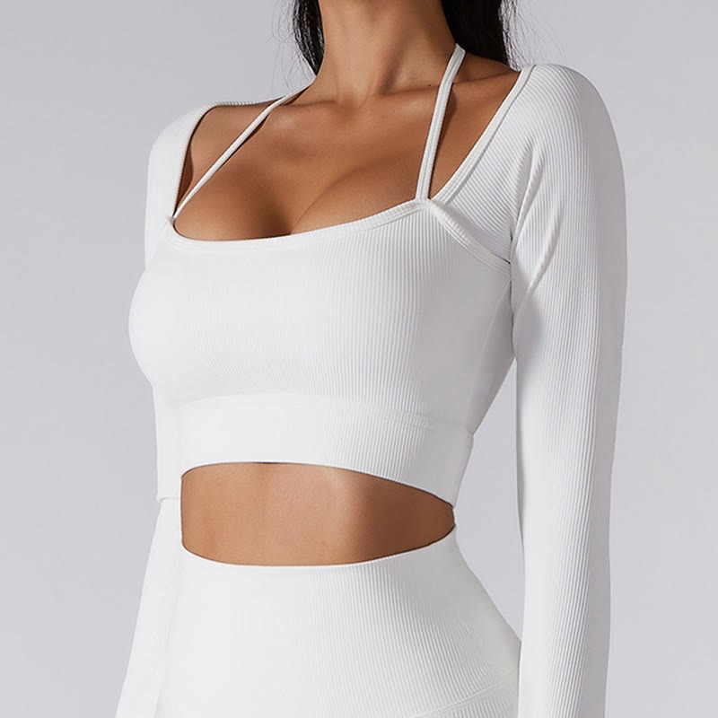 Ribbed Long Sleeve Crop Top T-shirt Shorts Sports Fitness Gym Yoga Outfits