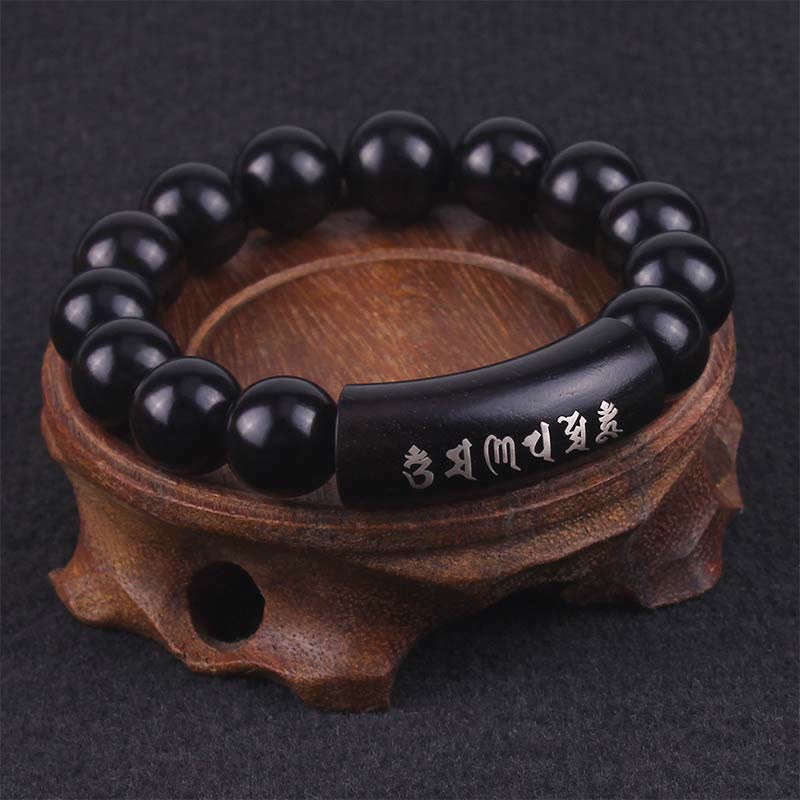 999 Sterling Silver Ebony Wood Om Mani Padme Hum Inlaid Balance Bracelet