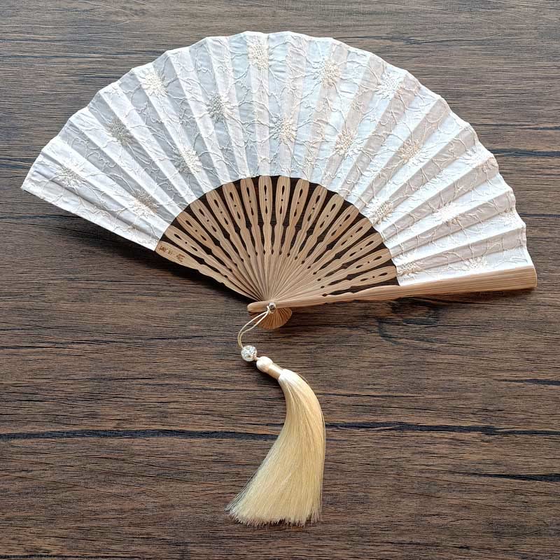 Solid Color Hollow Flowers Embroidery Cotton Fabric Handheld Bamboo Folding Fan
