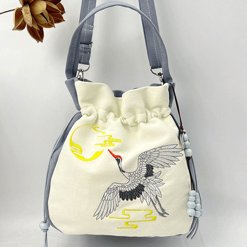 Embroidered Butterfly Lotus Magnolia Cotton Linen Tote Crossbody Bag Shoulder Bag Handbag
