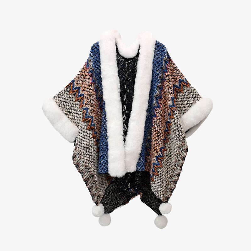 Tibetan Multicolored Wavy Lines Knitted Striped Shawl Coat Winter Cozy Travel Scarf Wrap