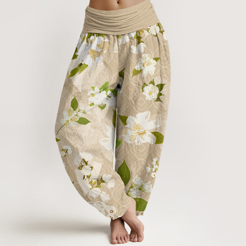 Casual White Magnolia Flowers Leaves Women's Elastic Waist Harem Pants