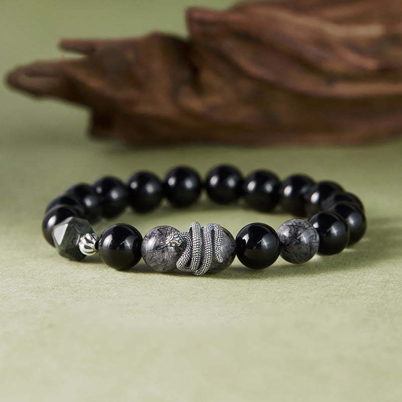 Black Obsidian Black Rutilated Quartz 925 Sterling Silver Year Of The Snake Purification Bracelet