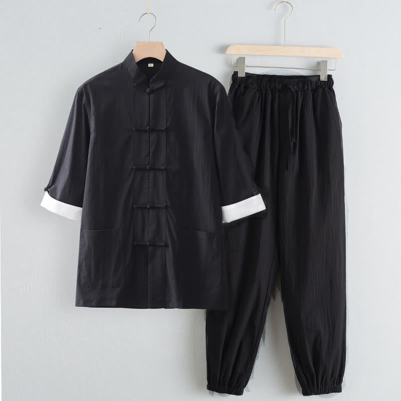 Tang Frog-Button Three Quarter Sleeve Shirt Pants Men's Suit