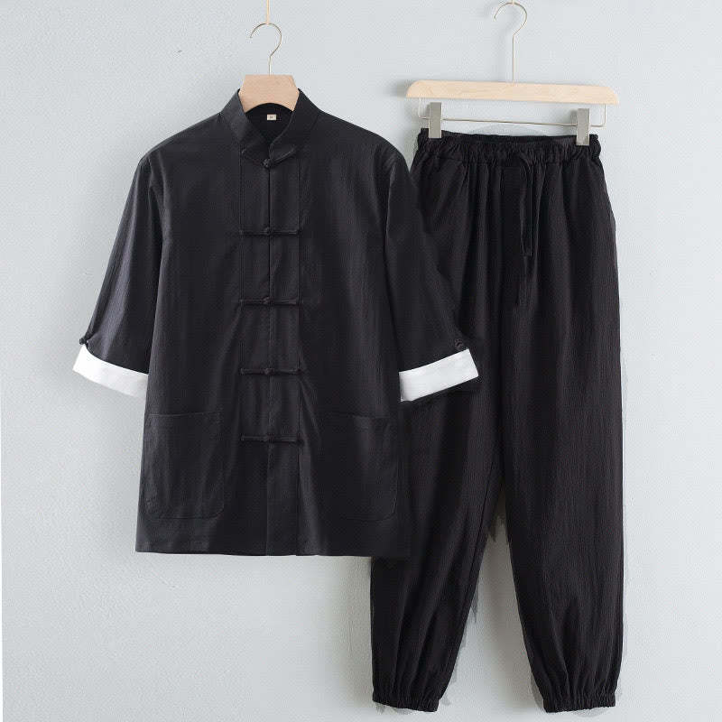 Tang Frog-Button Three Quarter Sleeve Shirt Pants Men's Suit