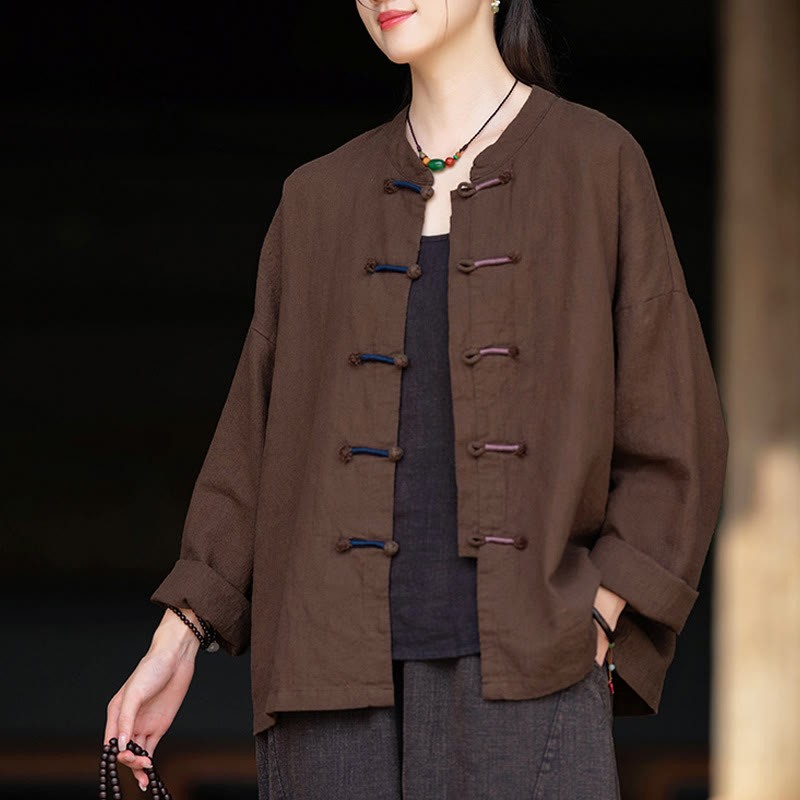 Solid Color Two-color Frog-button Long Sleeve Ramie Linen Women's Shirt
