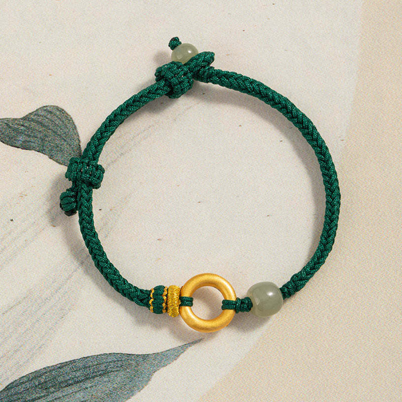 999 Sterling Silver Peace Buckle Hetian Jade Bead Luck Green Rope Braided Bracelet