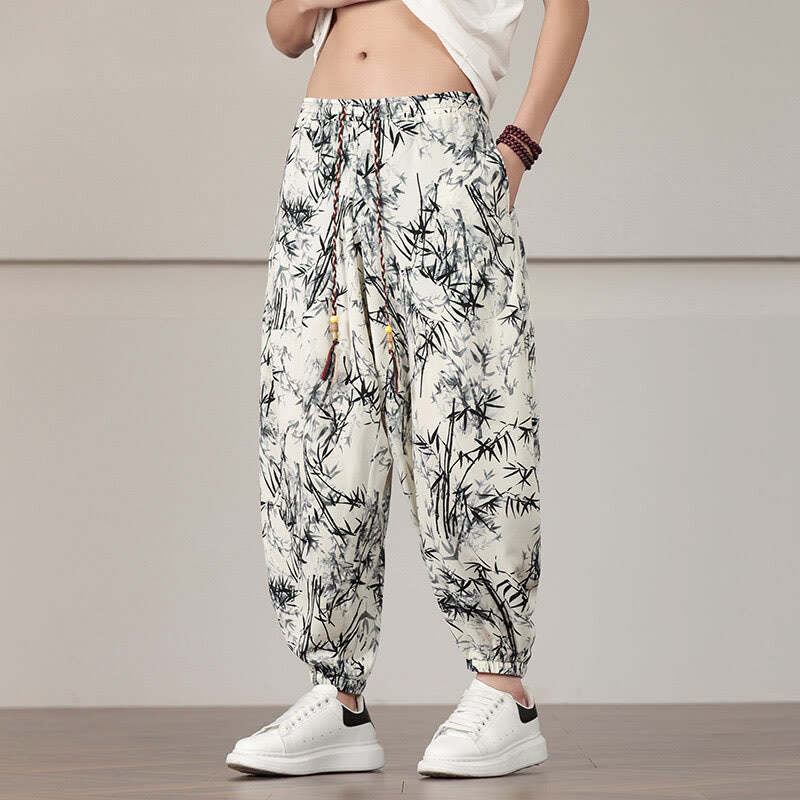 Bamboo Leaf Pattern Drawstring Men's Harem Pants With Pockets