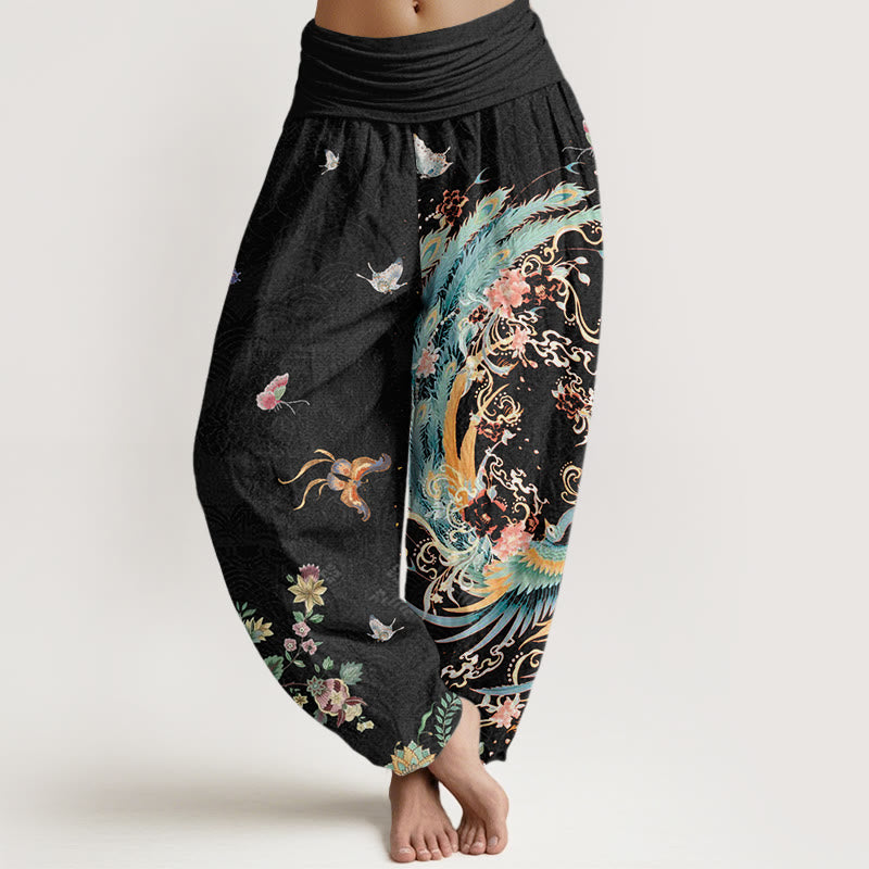 Casual Colorful Phoenix Butterfly Floral Pattern Women's Elastic Waist Harem Pants