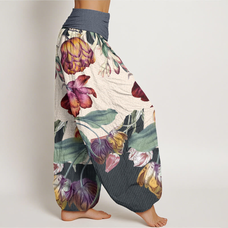 Tulips Green Leaves Design Women's Elastic Waist Harem Pants