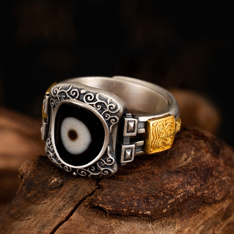 925 Sterling Silver Zakiram Goddess of Wealth Design Dzi Bead Protection Ring