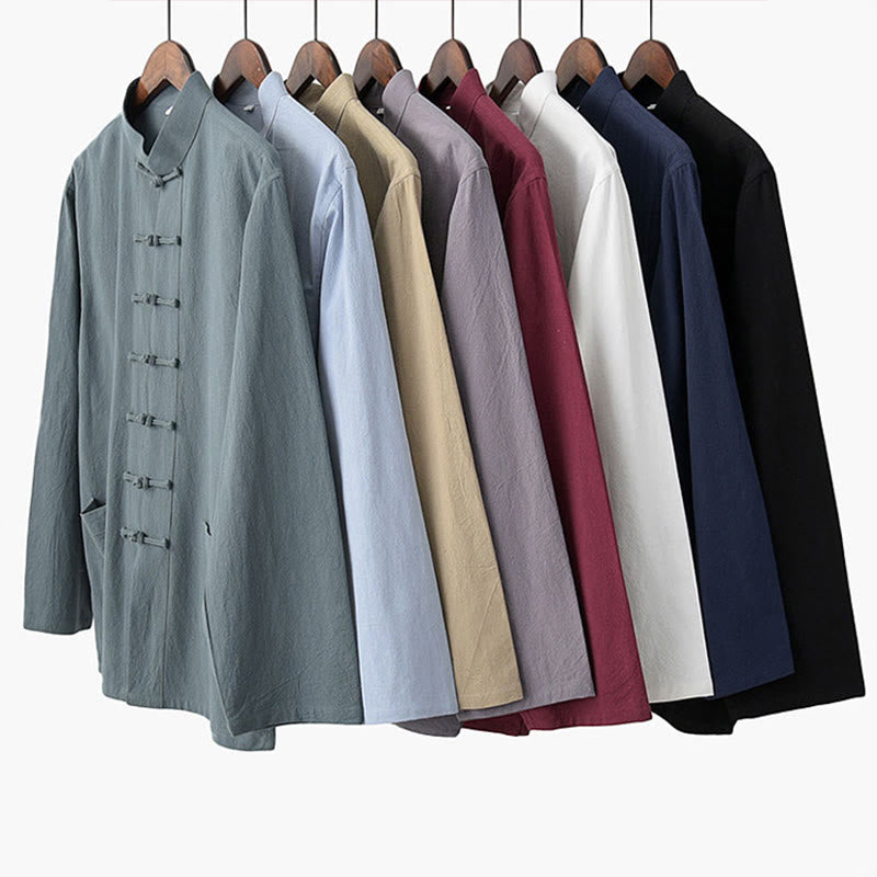 Tang Frog-Button Long Sleeve Shirt Cotton Men's Clothing