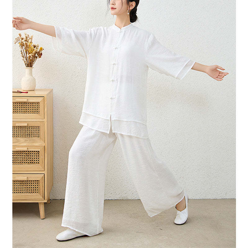 2Pcs Simple Chinese Frog Button Design Top Pants Meditation Yoga Zen Tai Chi Cotton Clothing Women's Set