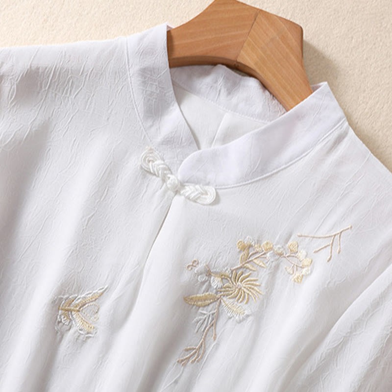 Embroidery Plants Flower Half Sleeve Plain Frog-Button Stand Collar Women's Shirt