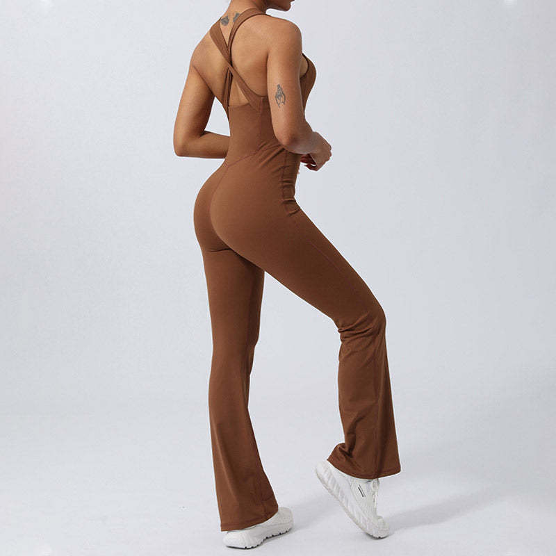 Women Workout Crisscross Sleeveless Flare Jumpsuit Sports Fitness Yoga Bodysuit