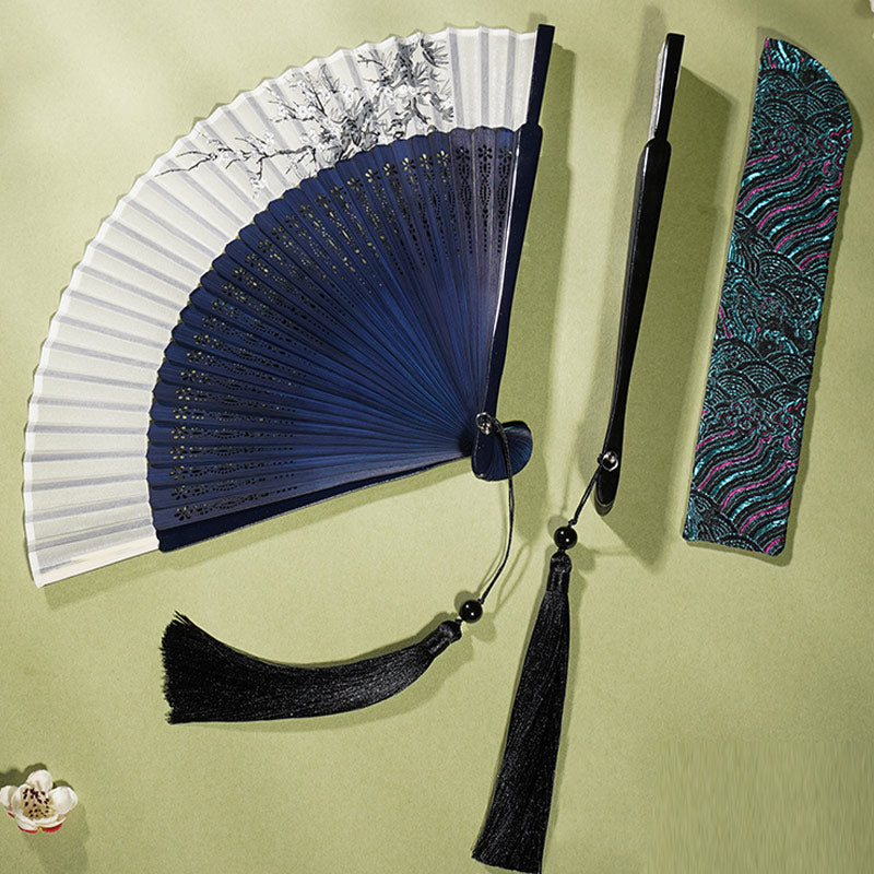 Ancient Flowers Branches Handheld Bamboo Folding Fan 21cm