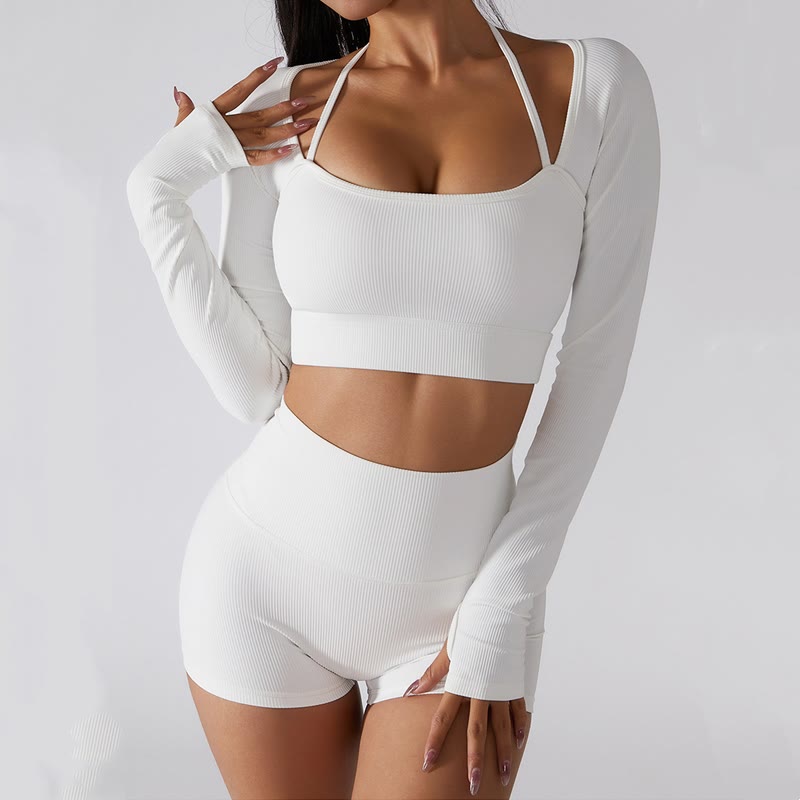 Ribbed Long Sleeve Crop Top T-shirt Shorts Sports Fitness Gym Yoga Outfits