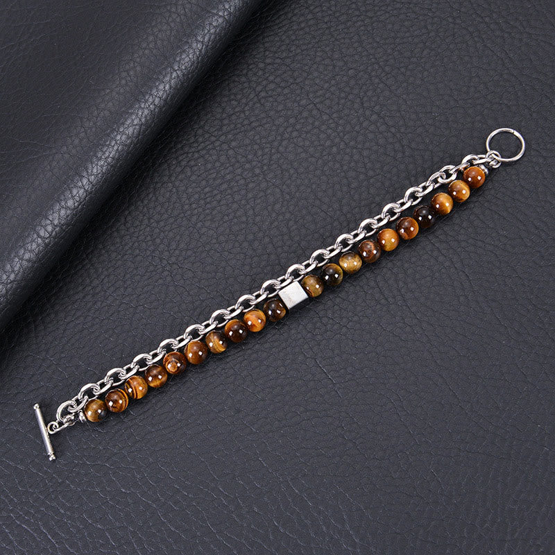 Colorful Tiger Eye Frosted Stone Black Magnetite Titanium Steel Double Wrap Protection Bracelet