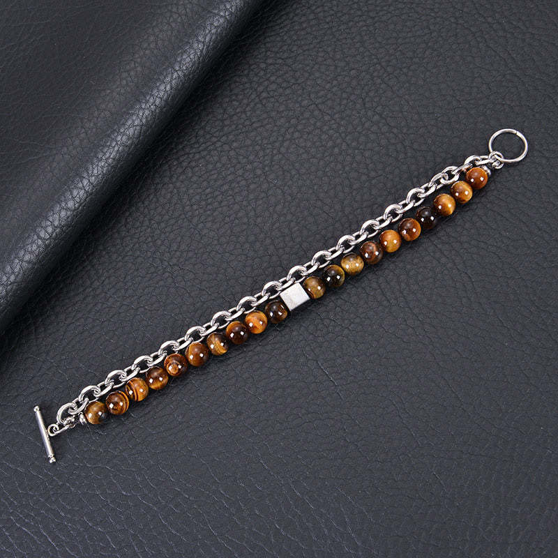 Colorful Tiger Eye Frosted Stone Black Magnetite Titanium Steel Double Wrap Protection Bracelet