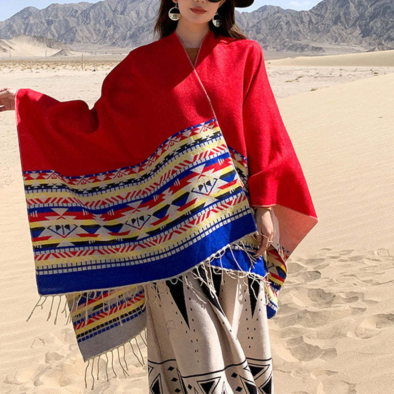 Tibetan Shawl Colorful Geometry Winter Cozy Travel Scarf Wrap