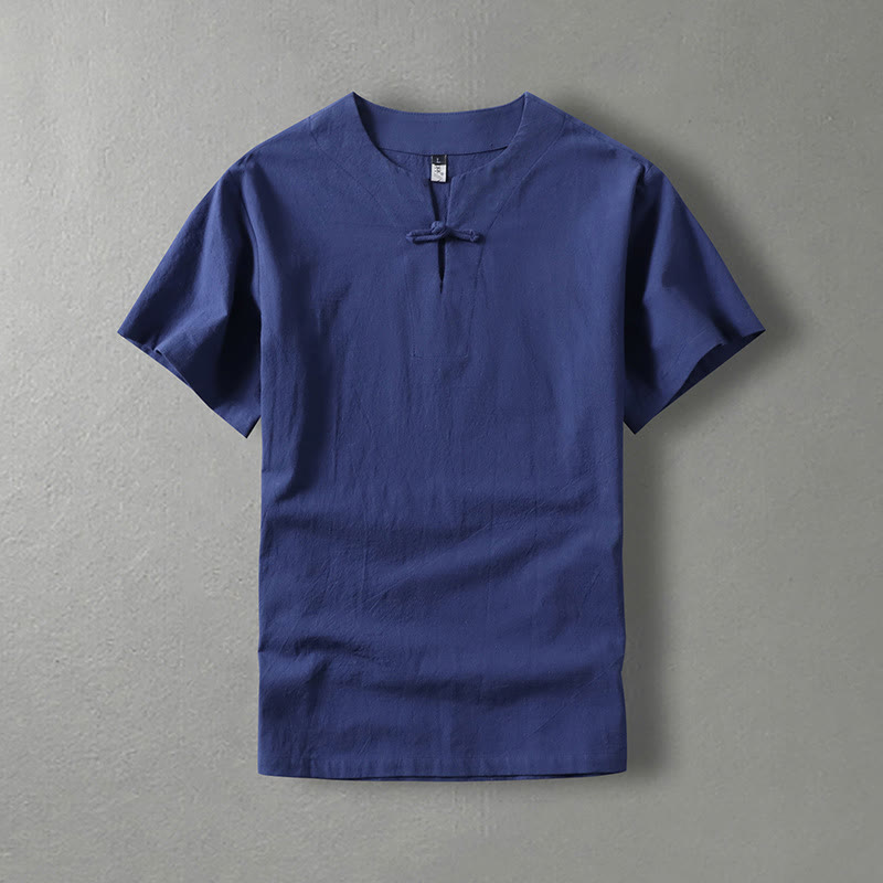 Casual Plain Color Short Sleeve One Frog Button Cotton Linen Men's Shirt