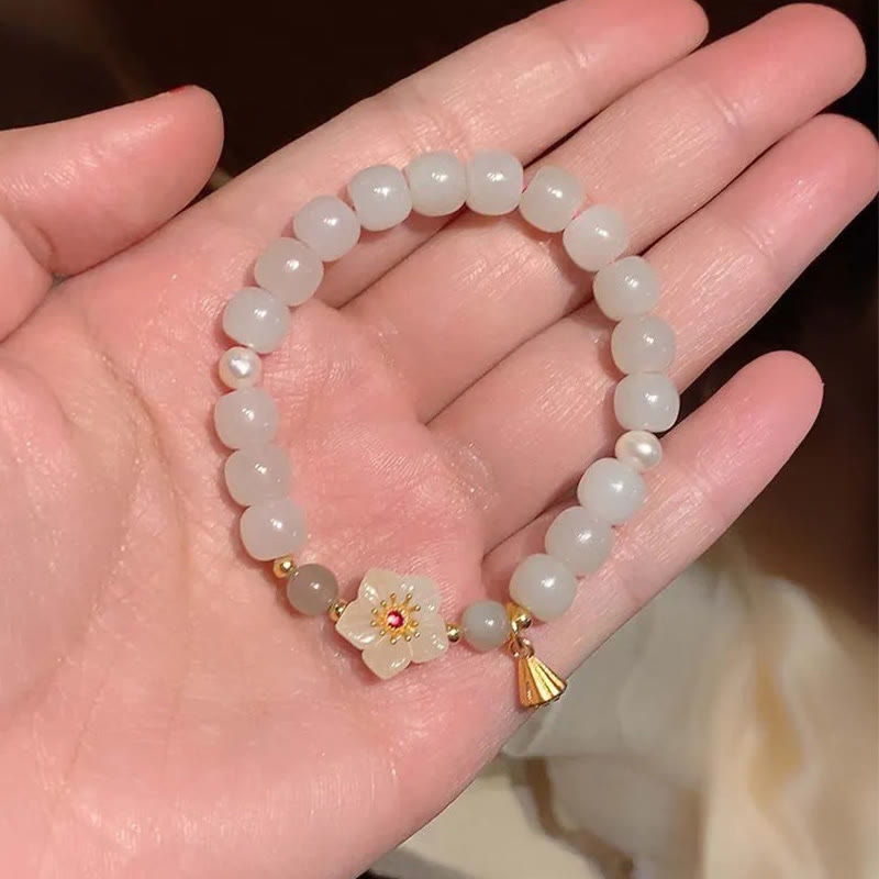 Jade Peach Blossom Flower Pearl Luck Blessing Bracelet
