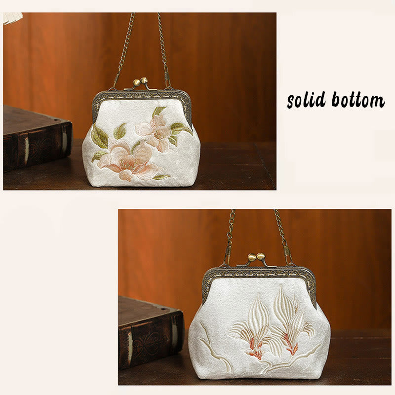 Orchids Oriental Cherry Butterfly Embroidery Metal Handle Handbag