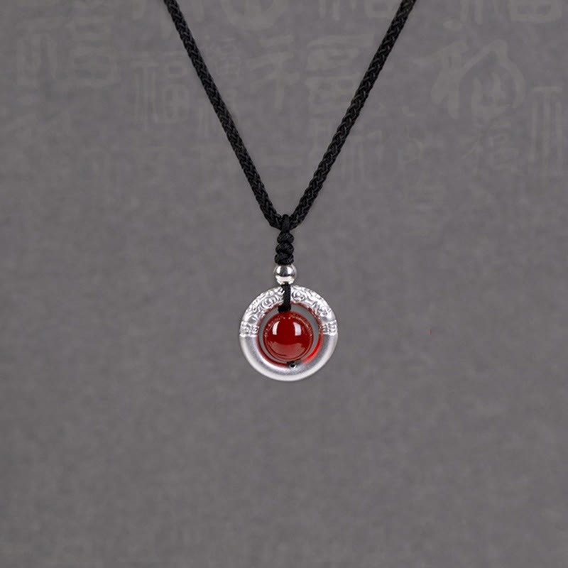 999 Sterling Silver Red Agate Peace Buckle Blessing Necklace Pendant