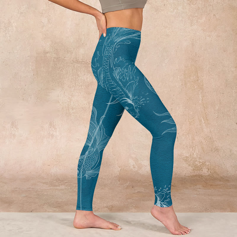 Blue Koi Fish Flowing Waves Print Gym Leggings Women's Yoga Pants