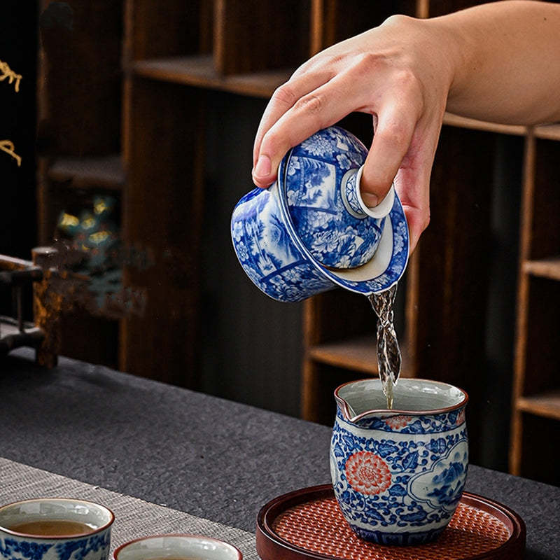 Jingdezhen Dragon Phoenix Pavilion Pine Flower Ceramic Gaiwan Sancai Teacup Kung Fu Tea Cup And Saucer With Lid 170ml