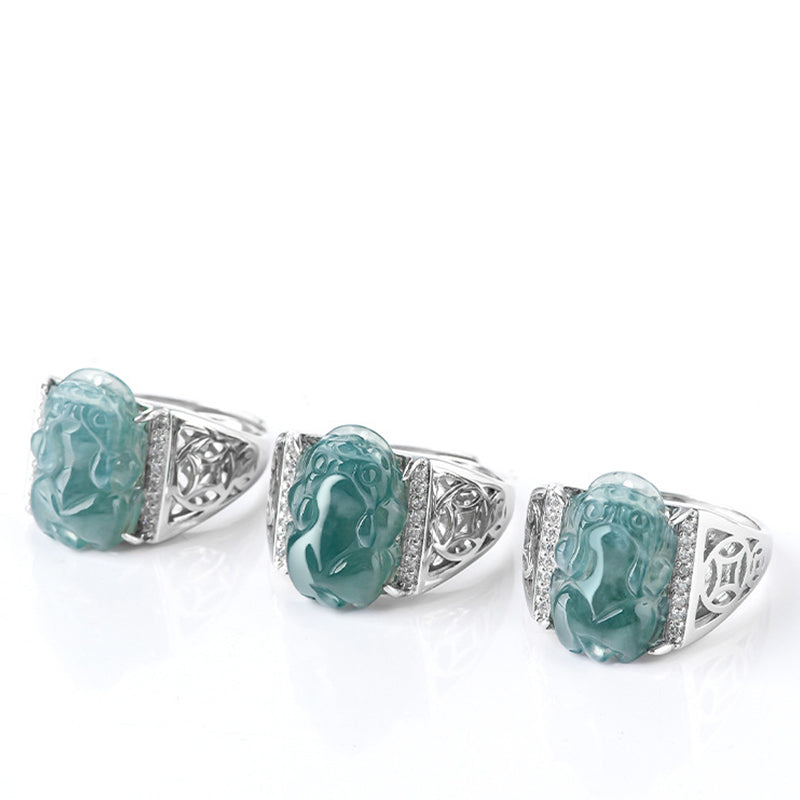 925 Sterling Silver Fengshui Wealth Prosperity Jade PiXiu Luck Ring