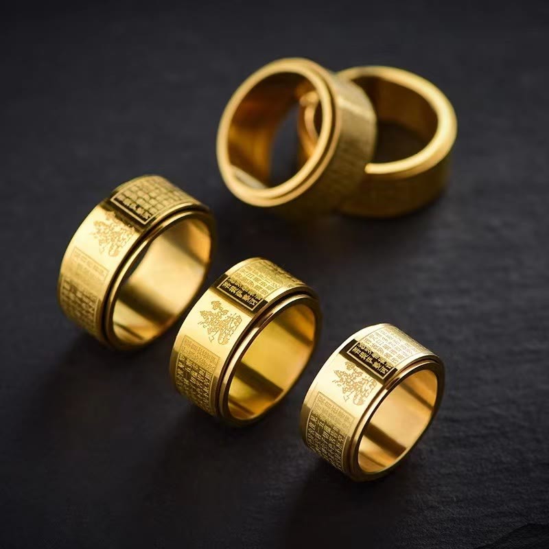 Chinese Zodiac Natal mystic zen Heart Sutra Carved Titanium Steel Calm Rotatable Ring
