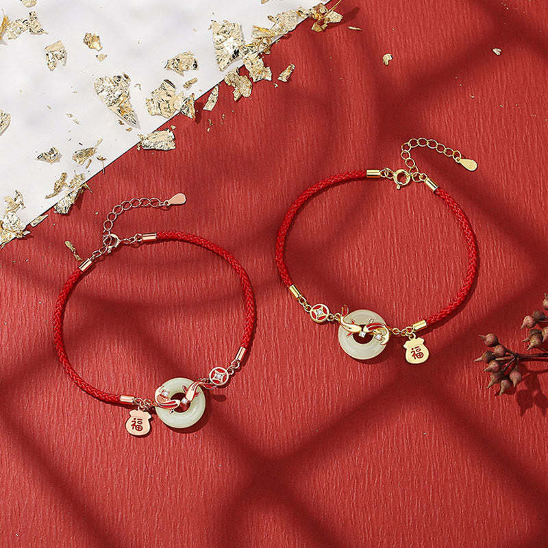 Natural Hetian Jade Red String 925 Sterling Silver Plated Gold Koi Fish Lucky Bag Fu Character Peace Buckle Luck Bracelet
