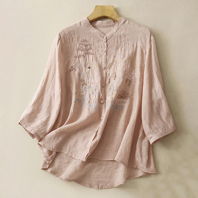 Casual Embroidered Plant Stand Collar Design Three Quarter Sleeve Women's Cotton Linen Shirt