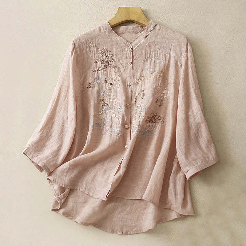 Casual Embroidered Plant Stand Collar Design Three Quarter Sleeve Women's Cotton Linen Shirt