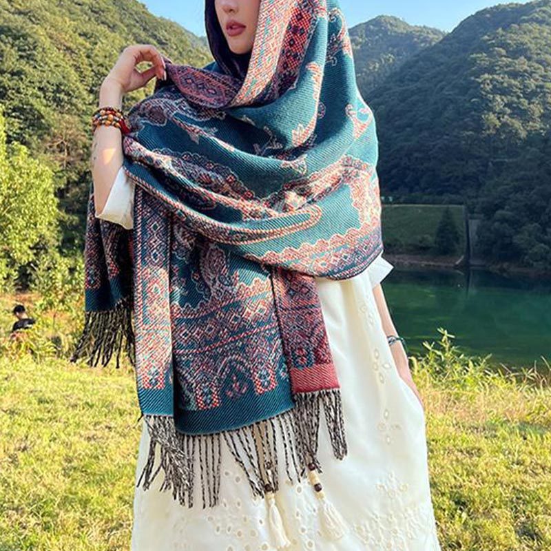 Vintage Tibetan Leaves Pattern Design Shawl Cozy Travel Scarf Wrap