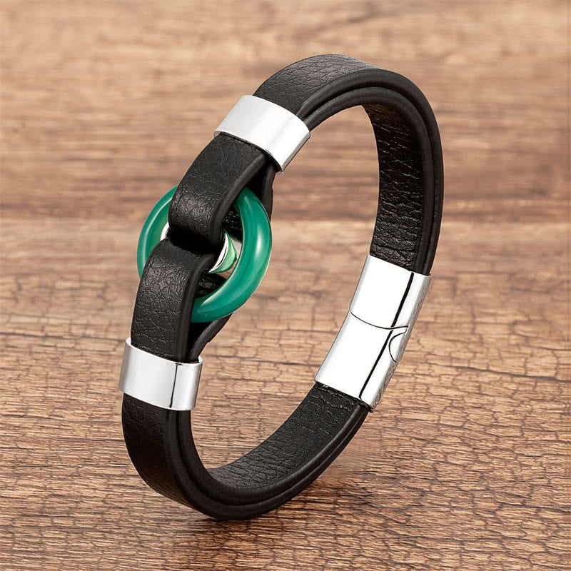 Round Green Aventurine Black Onyx Hematite Agate Rose Quartz Stone Balance Leather Magnetic Buckle Bracelet