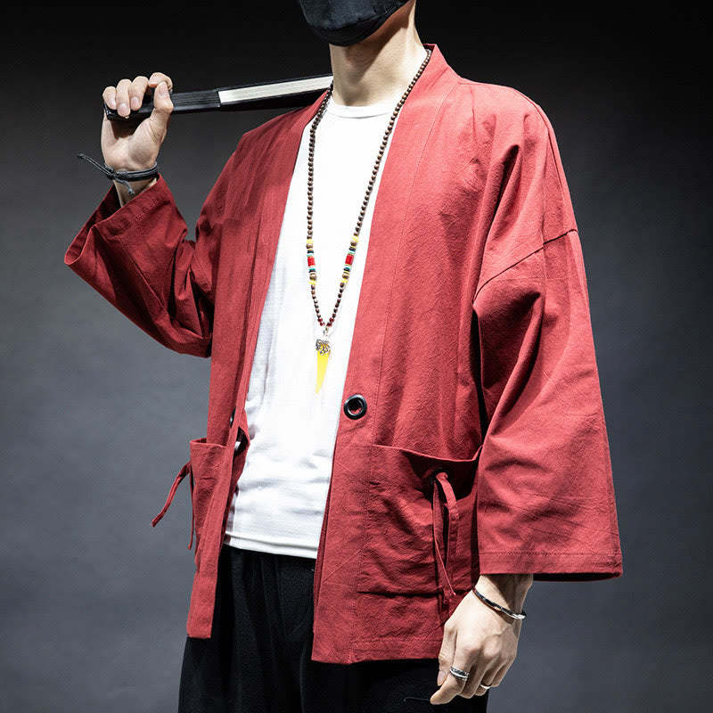 Solid Color Lace-up Open Front Jacket Cotton Men's Kimono