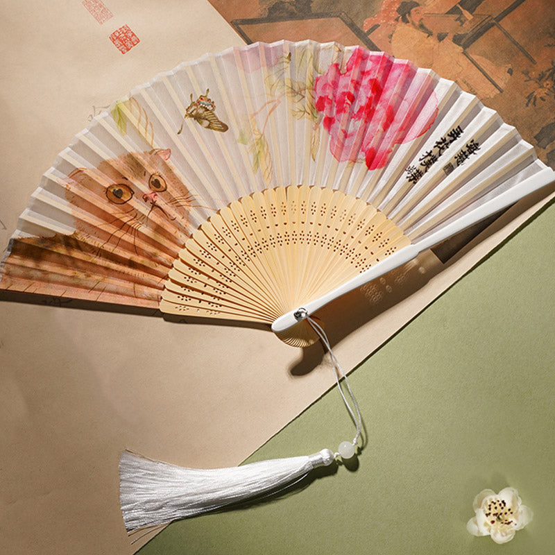 Cute Cat Butterfly Flowers Pattern Handheld Silk Bamboo Folding Fan 21cm