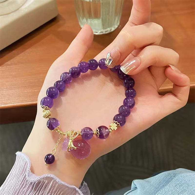 Natural Amethyst Crystal Money Bag Charm Positive Bracelet