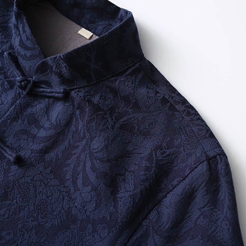 2Pcs Men's Tang Suit Jacquard Vine Pattern Frog-Button Cotton Long Sleeve Shirt Pants Set
